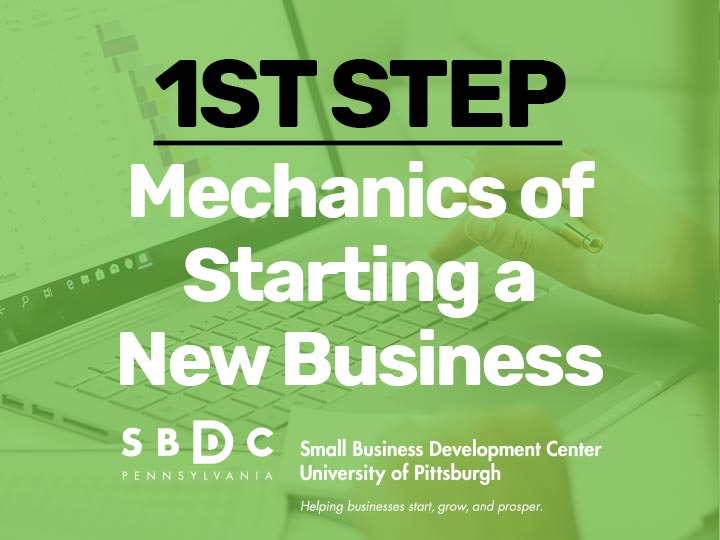 1st Step Mechanics of Starting a New Business with a woman working on a laptop in the background