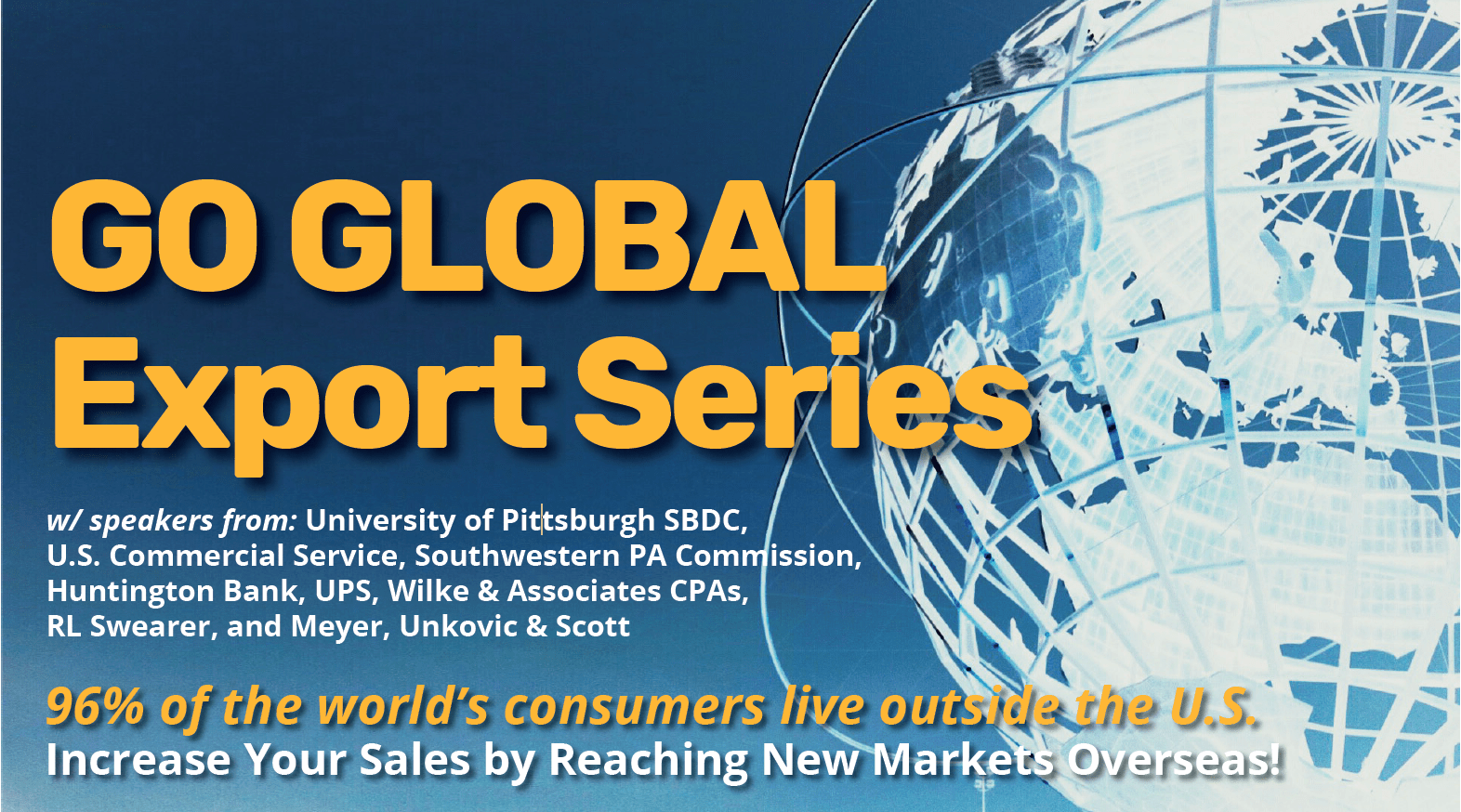 Go Global banner image with transparent global spinning in the background on a blue field